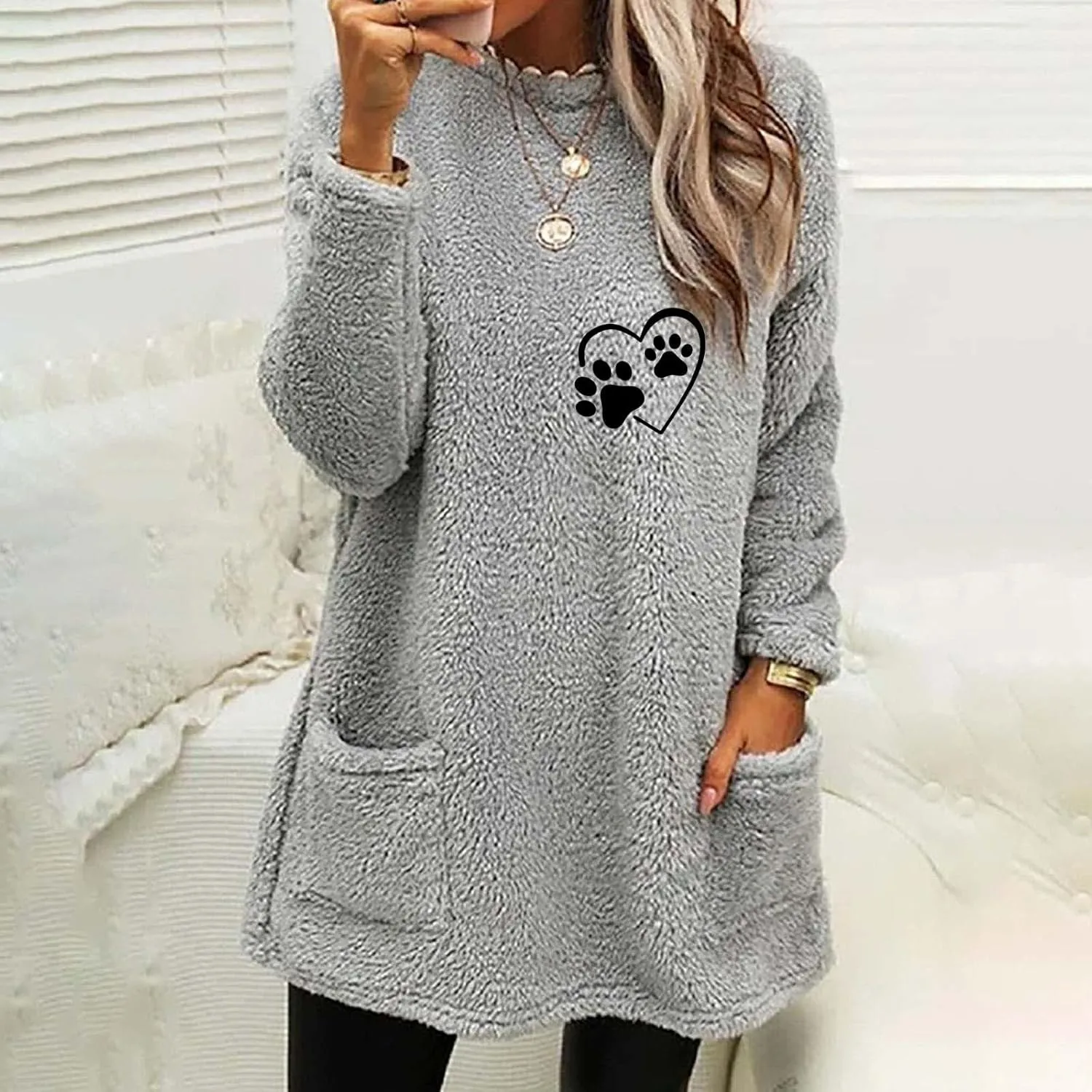 2024 Womens Sherpa Pullover Oversized Fuzzy Fleece Sweatshirts Faux Fur Fluffy Outerwear with Pockets Winter Soft Loungwear