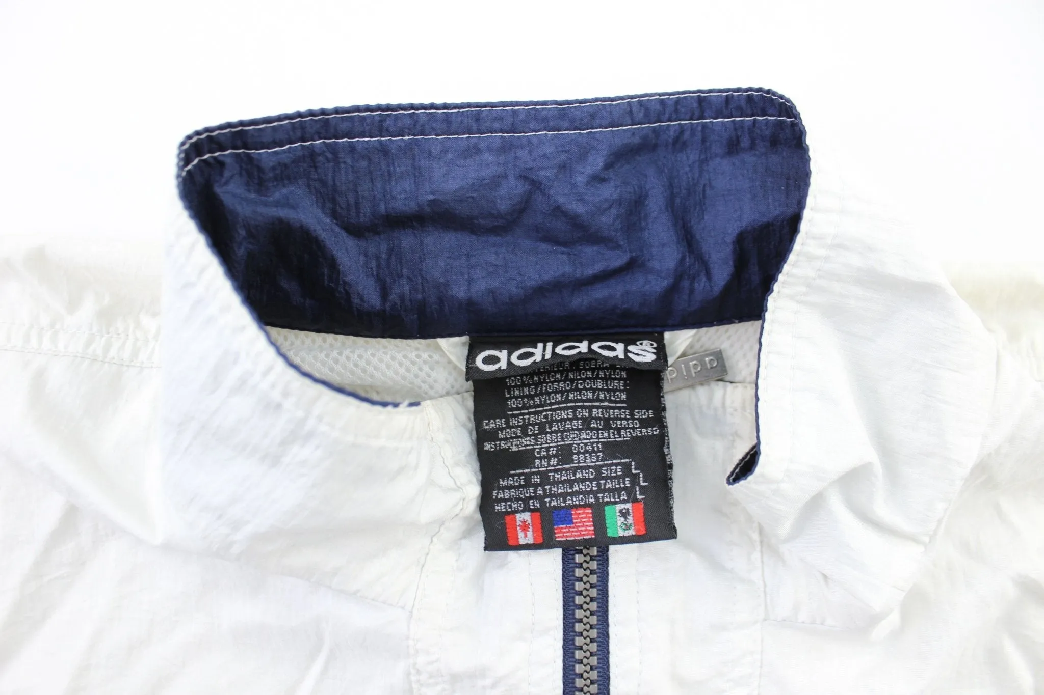 90's Adidas Embroidered Logo Navy Blue, White, & Black Striped Zip Up Jacket