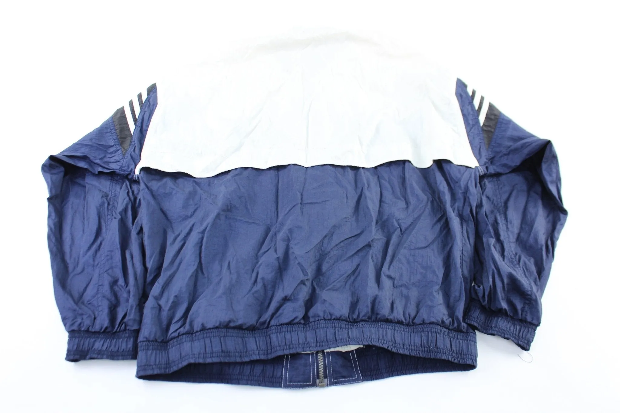90's Adidas Embroidered Logo Navy Blue, White, & Black Striped Zip Up Jacket