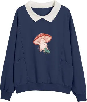 Bobeutou Women Mushroom Frog Sweatshirt Kawaii Cute Oversize Pullover Hoodie Teen Girl Aesthetic Cottagecore Clothes Pocket