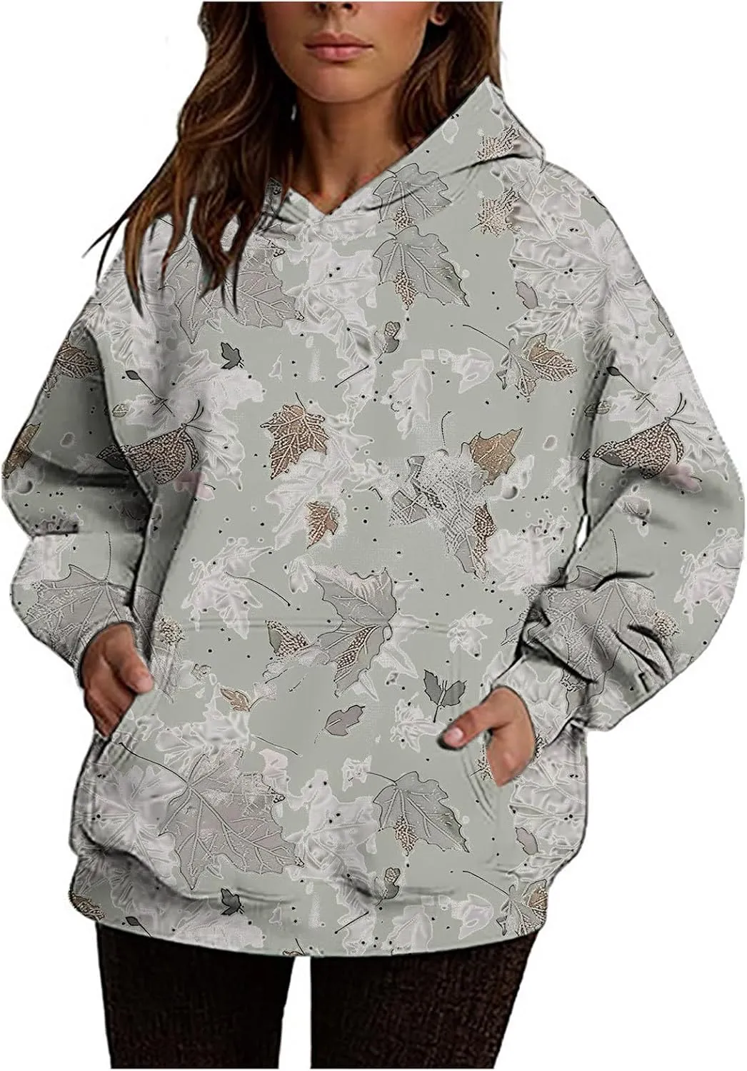 Camo Hoodie for Women Men Long Sleeve Maple Leaf Print Fleece Hoodies Oversized Hooded Sweatshirt Pullover with Pocket
