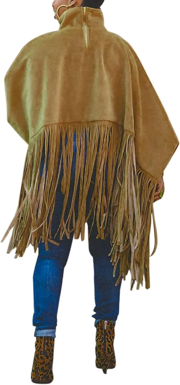 CHARTOU Women's Trendy Oversized High Neck Batwing Sleeve Tassel Fringe Wool Pullover Sweatshirt