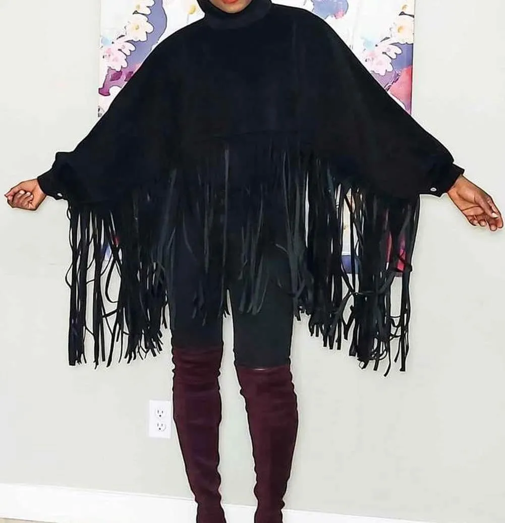 CHARTOU Women's Trendy Oversized High Neck Batwing Sleeve Tassel Fringe Wool Pullover Sweatshirt