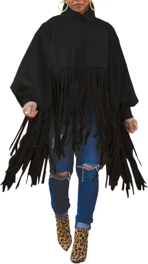 CHARTOU Women's Trendy Oversized High Neck Batwing Sleeve Tassel Fringe Wool Pullover Sweatshirt