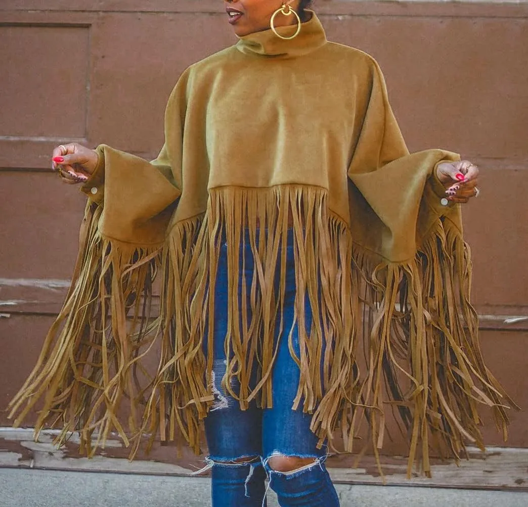 CHARTOU Women's Trendy Oversized High Neck Batwing Sleeve Tassel Fringe Wool Pullover Sweatshirt