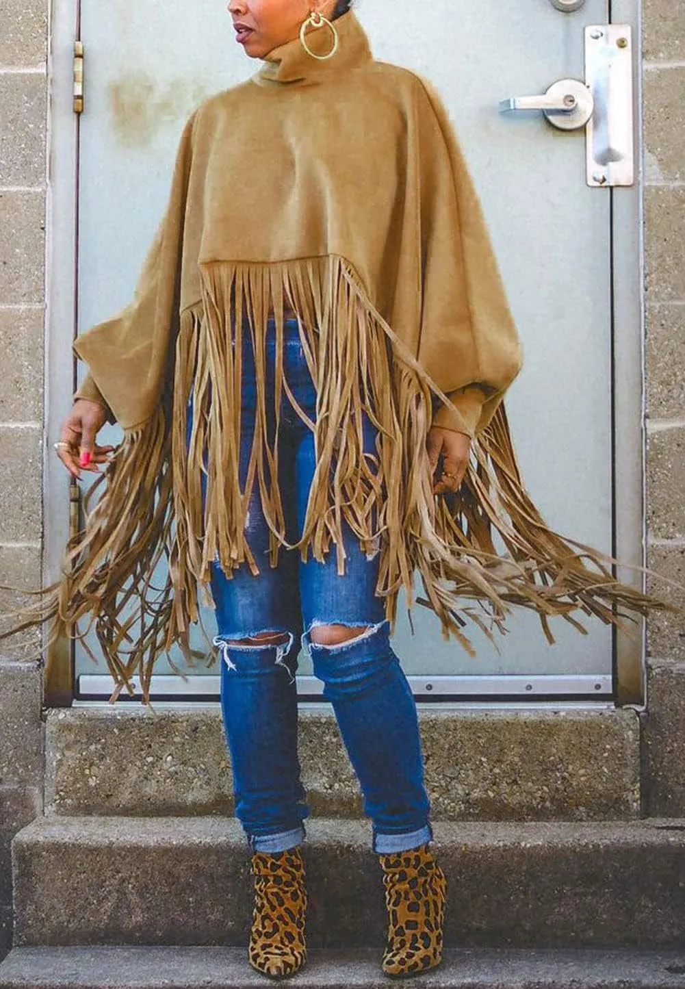CHARTOU Women's Trendy Oversized High Neck Batwing Sleeve Tassel Fringe Wool Pullover Sweatshirt