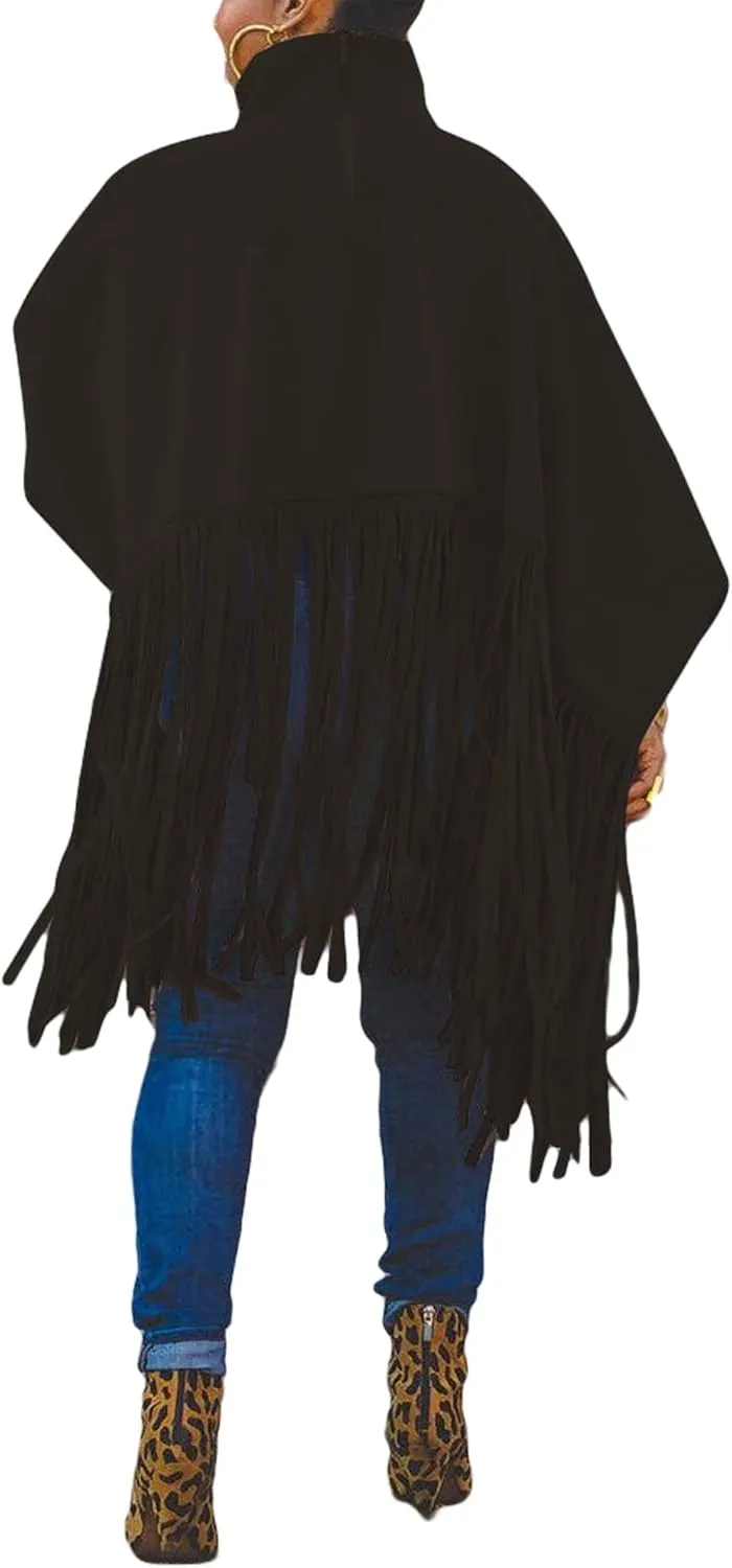 CHARTOU Women's Trendy Oversized High Neck Batwing Sleeve Tassel Fringe Wool Pullover Sweatshirt