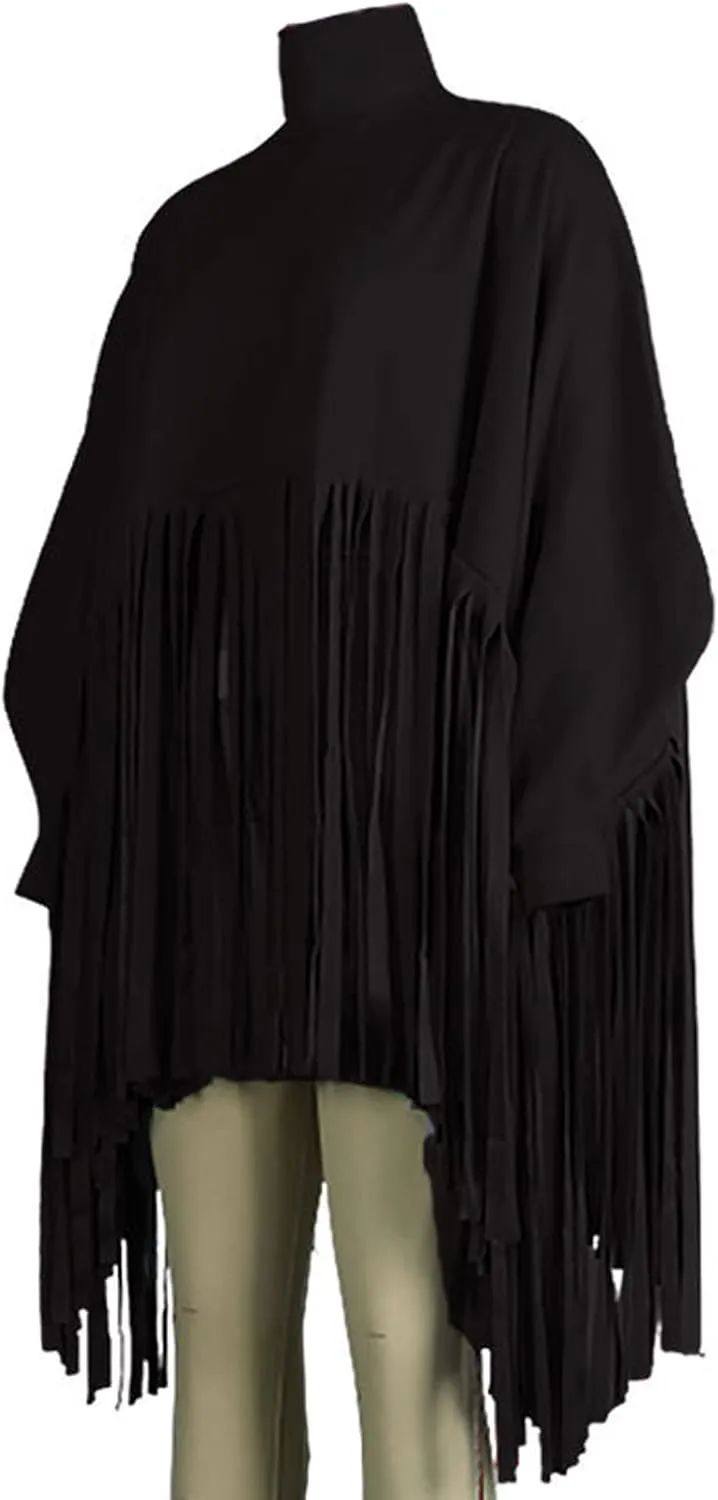 CHARTOU Women's Trendy Oversized High Neck Batwing Sleeve Tassel Fringe Wool Pullover Sweatshirt