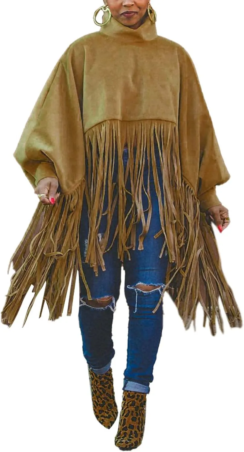 CHARTOU Women's Trendy Oversized High Neck Batwing Sleeve Tassel Fringe Wool Pullover Sweatshirt
