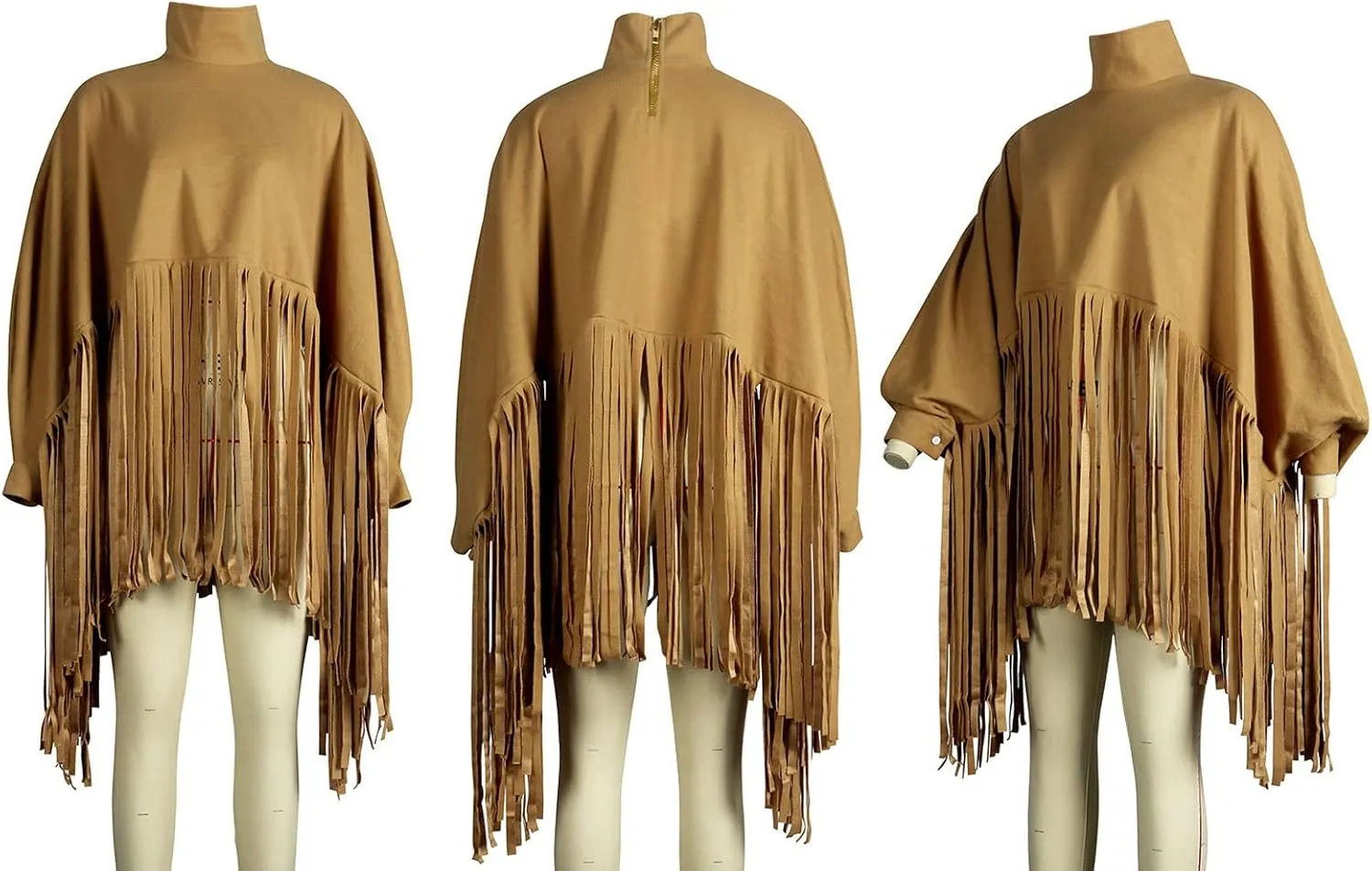 CHARTOU Women's Trendy Oversized High Neck Batwing Sleeve Tassel Fringe Wool Pullover Sweatshirt