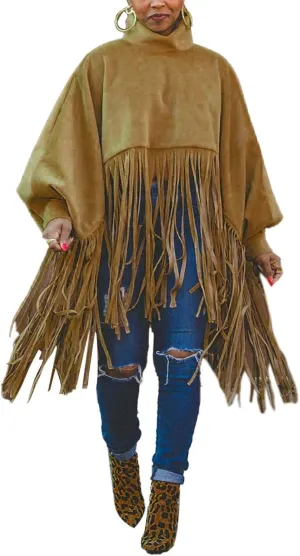 CHARTOU Women's Trendy Oversized High Neck Batwing Sleeve Tassel Fringe Wool Pullover Sweatshirt