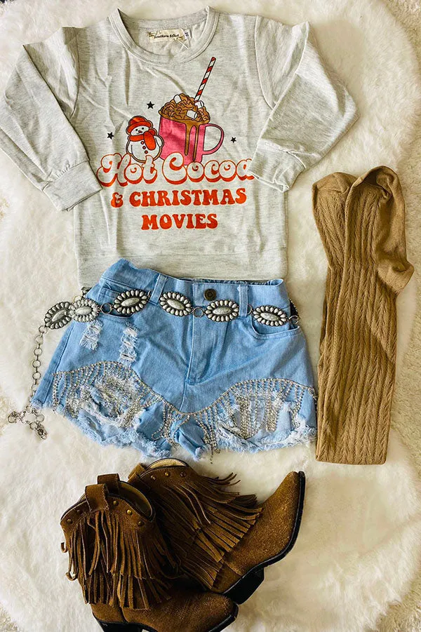 DLH2395 Light Blue denim shiny fringe tassels girl distressed shorts