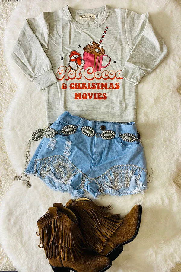DLH2395 Light Blue denim shiny fringe tassels girl distressed shorts