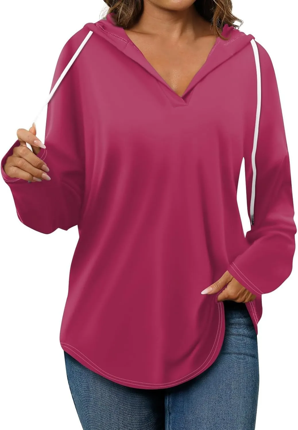 Oversized V Neck Hoodie for Women Long Sleeve Shirts Loose Fit Tunic Tops Tshirts Soft Cmofy Blouse Solid Tees
