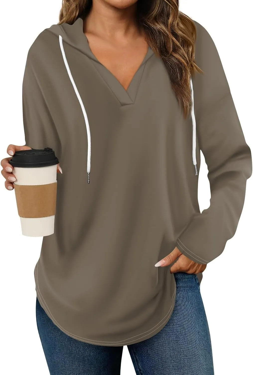 Oversized V Neck Hoodie for Women Long Sleeve Shirts Loose Fit Tunic Tops Tshirts Soft Cmofy Blouse Solid Tees