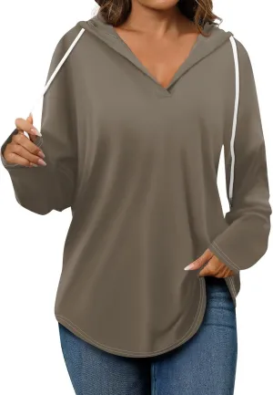 Oversized V Neck Hoodie for Women Long Sleeve Shirts Loose Fit Tunic Tops Tshirts Soft Cmofy Blouse Solid Tees