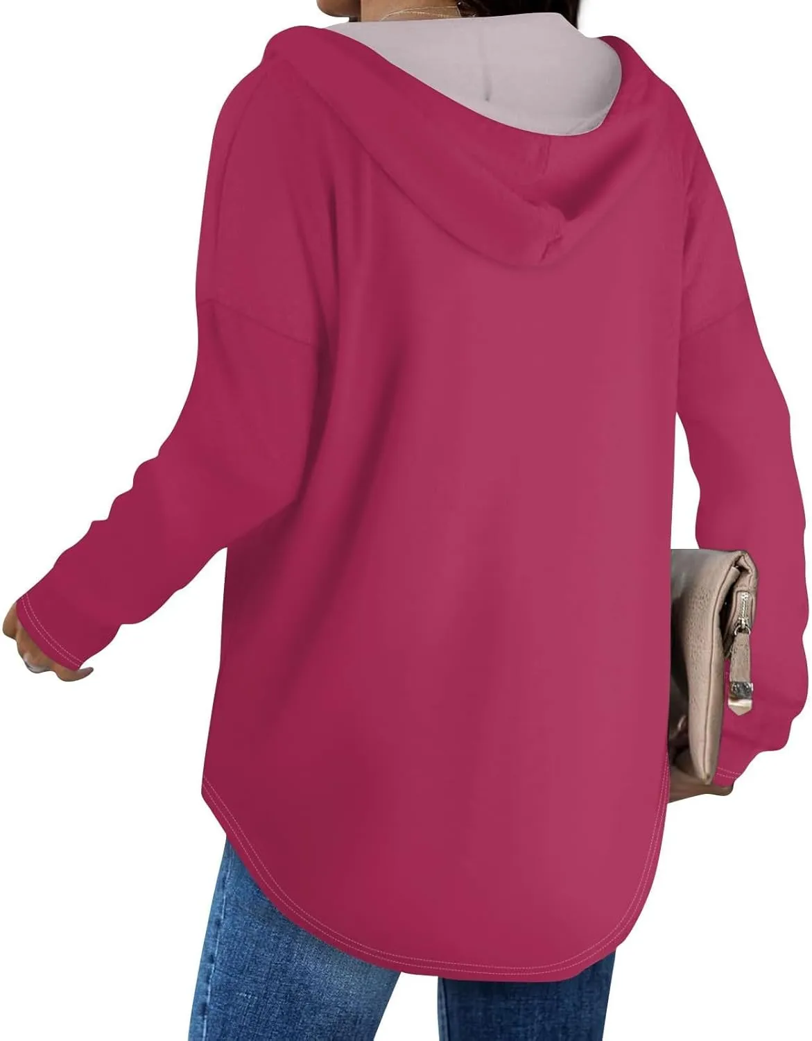 Oversized V Neck Hoodie for Women Long Sleeve Shirts Loose Fit Tunic Tops Tshirts Soft Cmofy Blouse Solid Tees
