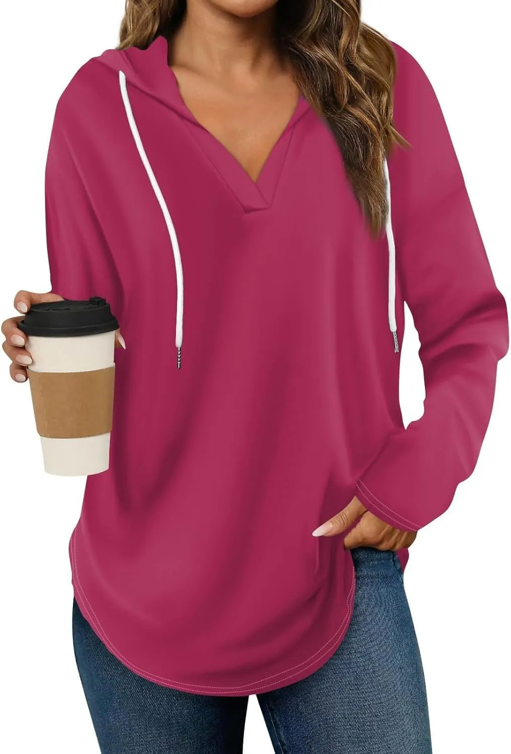 Oversized V Neck Hoodie for Women Long Sleeve Shirts Loose Fit Tunic Tops Tshirts Soft Cmofy Blouse Solid Tees