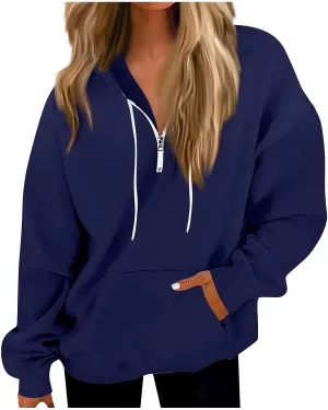 Oversized Zip Up Hoodie Women Fleece Quarter Zip Pullover Sweatshirts Casual Long Sleeve Top Fall Clothes w/Pockets