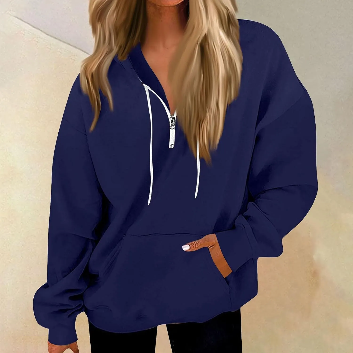 Oversized Zip Up Hoodie Women Fleece Quarter Zip Pullover Sweatshirts Casual Long Sleeve Top Fall Clothes w/Pockets