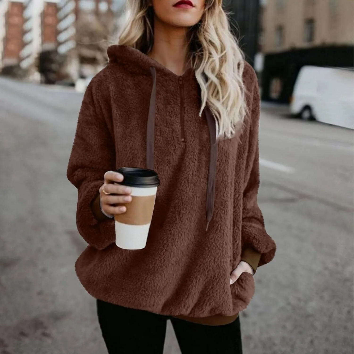 Women Sherpa Hoodie Fuzzy Fleece Quarter Zip Pullover Loose Comfy Plush Sweatshirt with Pockets Cute Winter Clothes