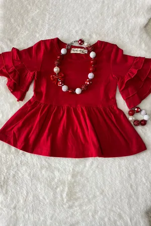 XCH01004 Red triple ruffle half sleeve girls top